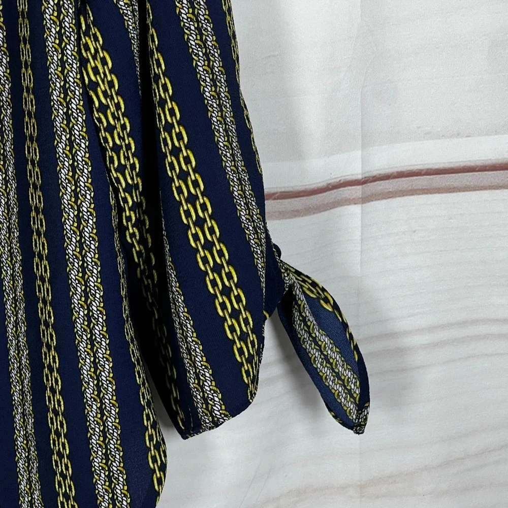 Michael Kors Chain Print Blouse Womens L Blue Gold V-Neck Tie Sleeve Top Office